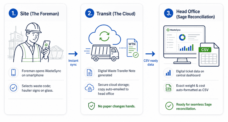 Producers 3-step workflow diagram: Site (The Foreman), Transit (The Cloud), and Head Office (Sage Reconciliation).