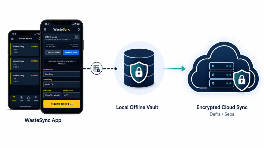 WasteSync architecture showing local app capture, encrypted local offline vault, and automatic cloud sync.