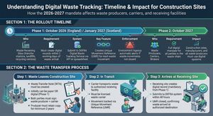 Timeline showing the UK Digital Waste Tracking rollout phases, highlighting Phase 1 for receiving sites in 2026/2027 and Phase 2 for construction waste producers in October 2027.